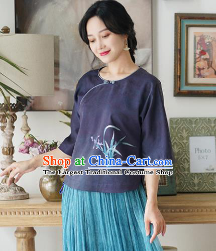 China Tang Suit Blouse National Women Clothing Classical Embroidered Orchids Purple Silk Shirt