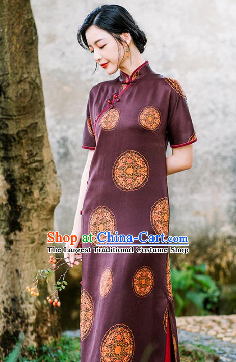 China National Young Lady Cheongsam Classical Purple Silk Qipao Dress Clothing