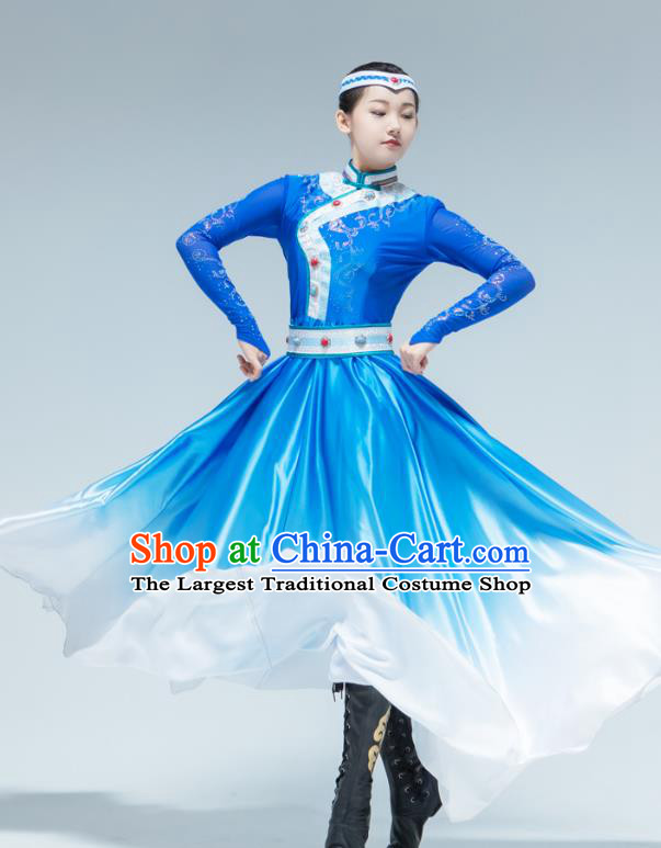 Chinese Mongol Ethnic Female Performance Clothing Traditional Mongolian Nationality Dance Blue Dress