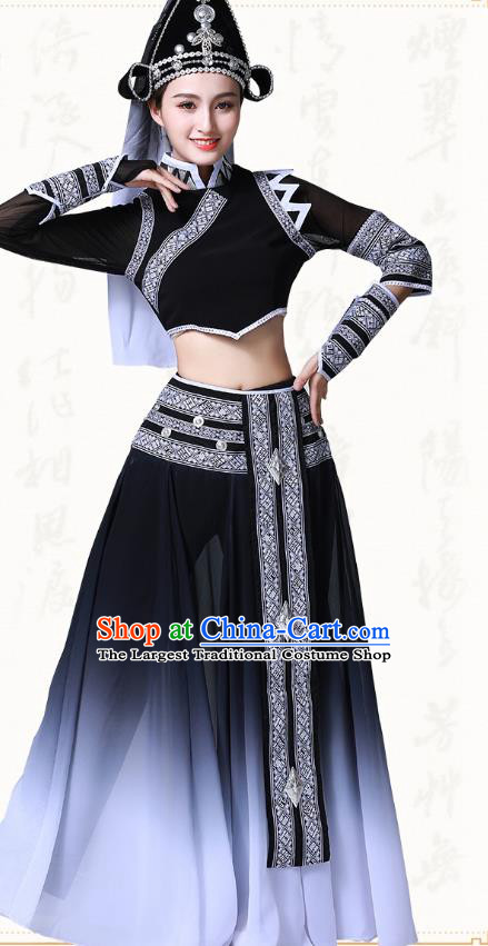 Chinese Yunnan Ethnic Stage Performance Clothing Traditional Dai Nationality Folk Dance Black Dress Outfits