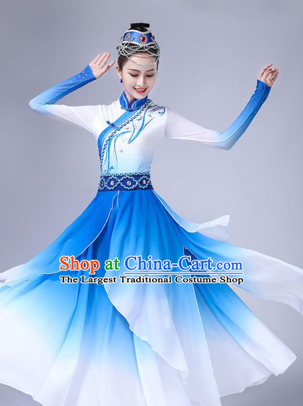 Chinese Mongolian Ethnic Stage Performance Clothing Traditional Mongol Nationality Bowl Dance Blue Dress