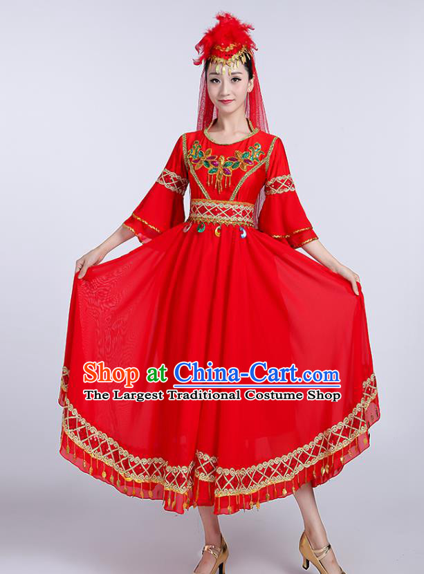 Chinese Uyghur Ethnic Folk Dance Red Dress Traditional Xinjiang Uyghur Nationality Dance Clothing