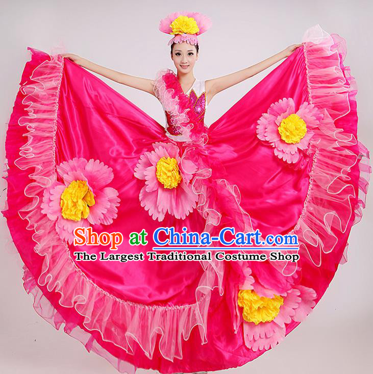 China Modern Dance Stage Performance Costume Opening Dance Rosy Dress Peony Flower Dance Clothing