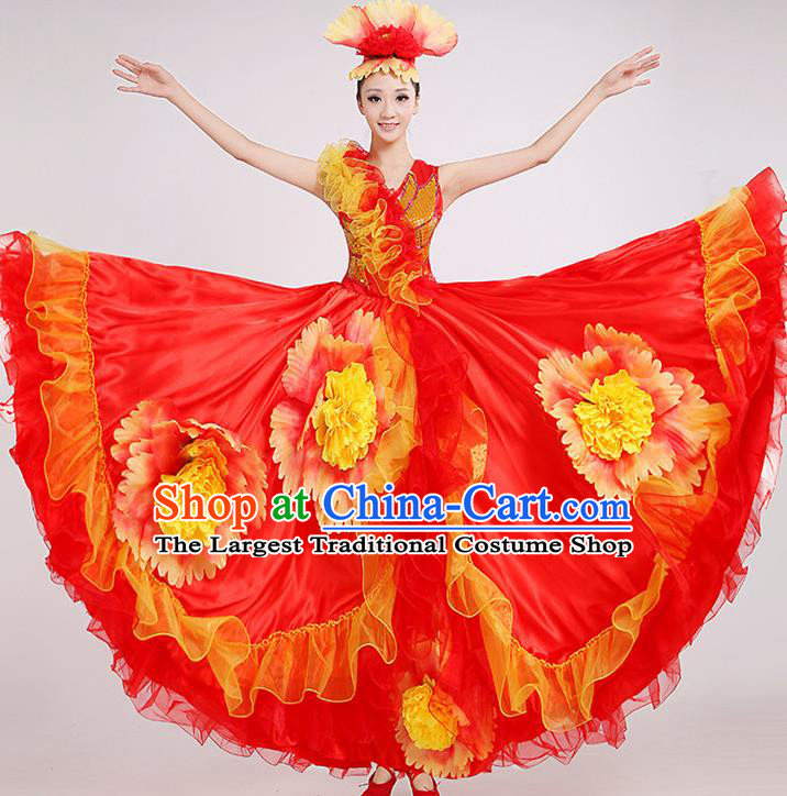 China Peony Flower Dance Clothing Modern Dance Stage Performance Costume Opening Dance Red Dress