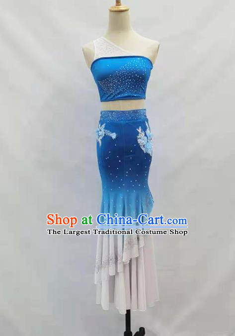 Chinese Dai Ethnic Folk Dance Blue Outfits Traditional Yunnan Nationality Peacock Dance Clothing