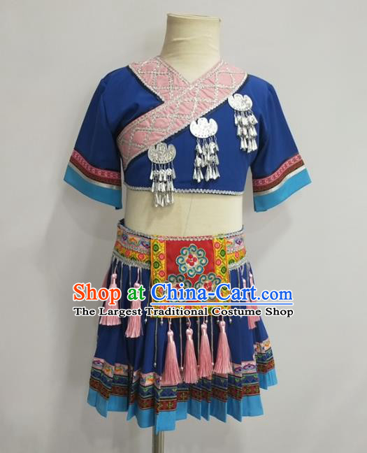 Chinese Miao Ethnic Folk Dance Clothing Traditional Hmong Nationality Children Blue Outfits