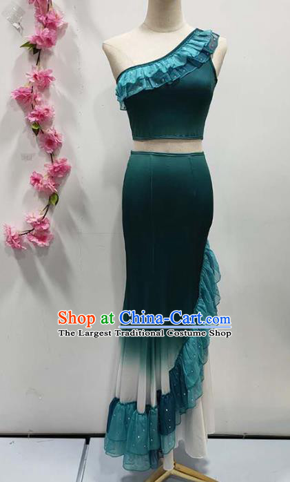 Chinese Traditional Dai Nationality Performance Deep Green Dress Yunnan Ethnic Peacock Dance Clothing