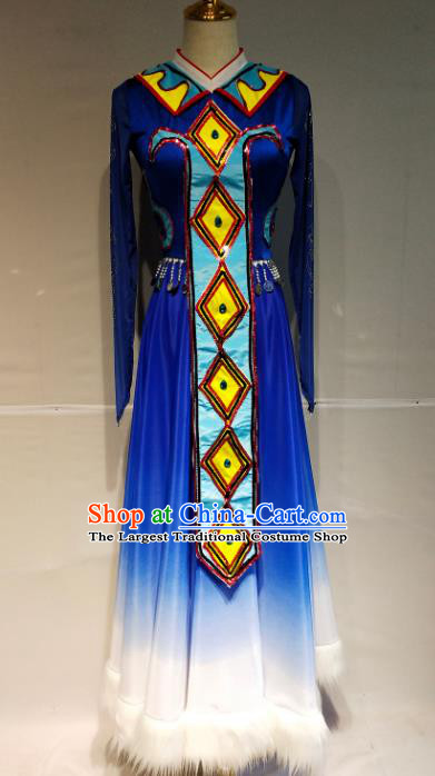 Chinese Traditional Ewenki Nationality Dance Royalblue Dress Ethnic Stage Performance Clothing