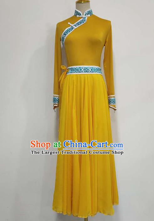 Chinese Mongolian Ethnic Folk Dance Clothing Traditional Mongol Nationality Stage Performance Yellow Long Dress