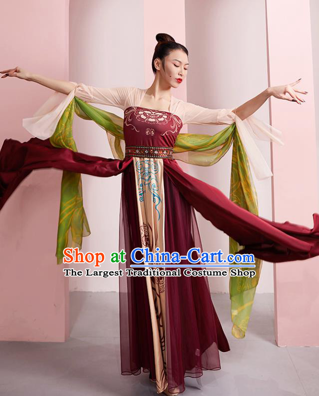 China Classical Dance Clothing Tang Dynasty Dance Wine Red Hanfu Dress Woman Group Dance Costume