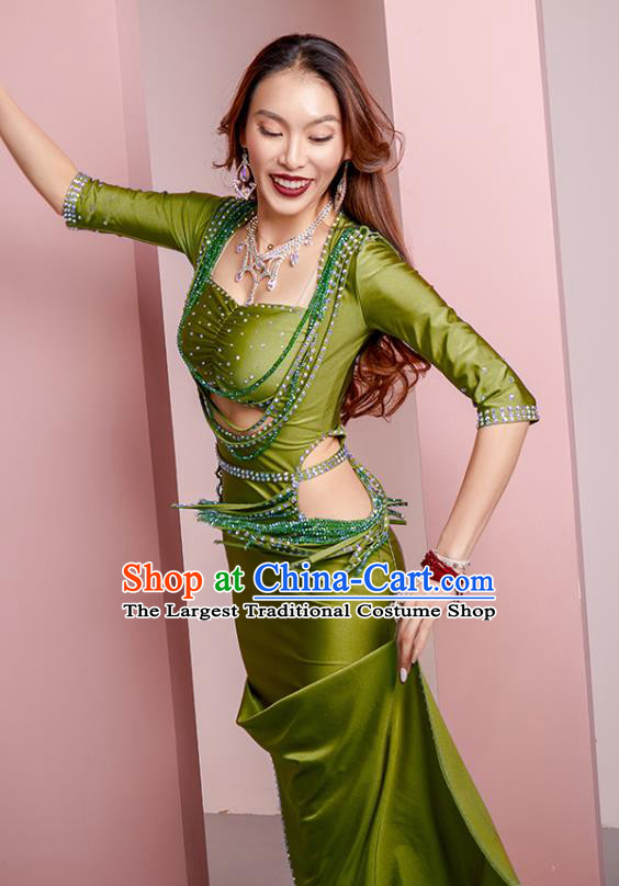 Professional Indian Oriental Dance Belly Dance Training Clothing Asian Raks Sharki Diamante Green Robe Outfits