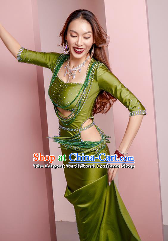 Professional Indian Oriental Dance Belly Dance Training Clothing Asian Raks Sharki Diamante Green Robe Outfits