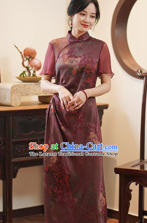 China National Costume Cheongsam Classical Peony Pattern Purple Silk Qipao Dress