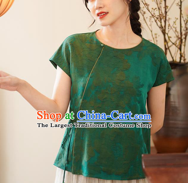 China Tang Suit Shirt National Women Clothing Classical Jacquard Green Silk Blouse