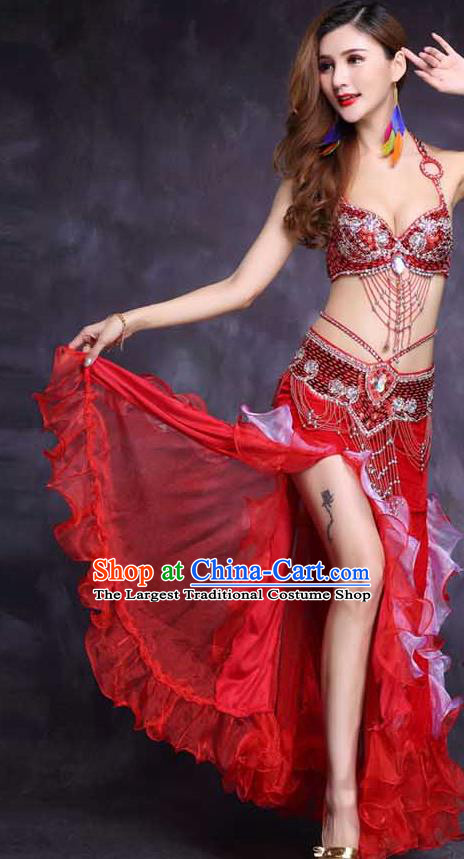 India Female Oriental Dance Clothing High Indian Belly Dance Stage Performance Diamante Red Bra Outfits