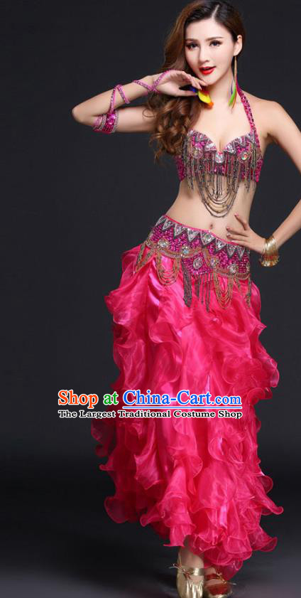 Indian Belly Dance Competition Beads Tassel Bra and Rosy Skirt Outfits India Oriental Dance Clothing