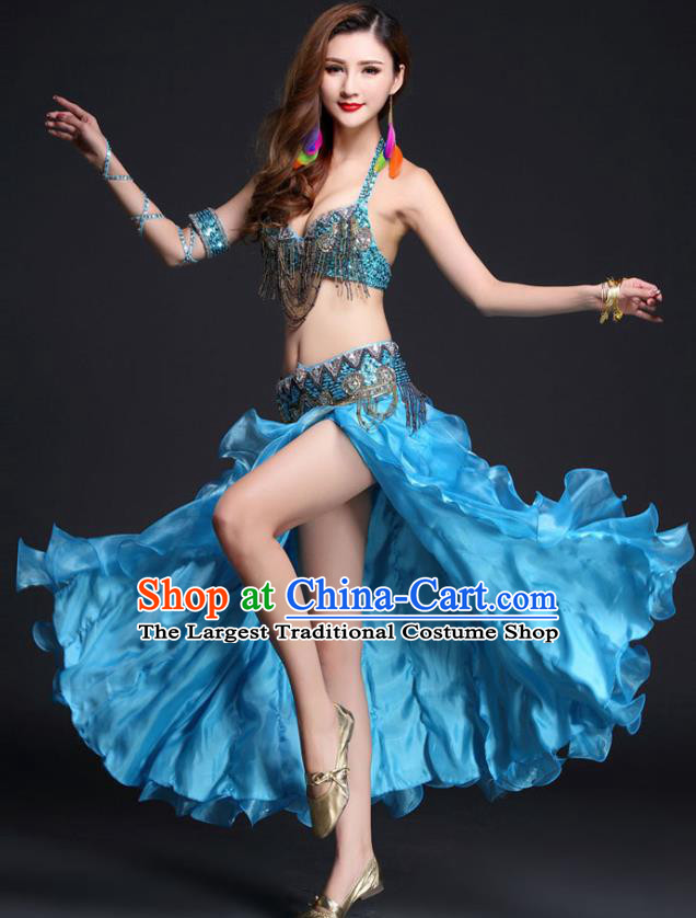 Indian Traditional Belly Dance Competition Beads Tassel Bra and Blue Skirt Outfits Asian India Oriental Dance Clothing