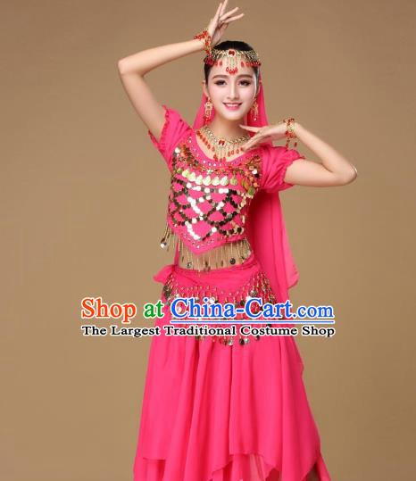 Asian Indian Belly Dance Rosy Uniforms India Court Dance Performance Blouse and Skirt Clothing