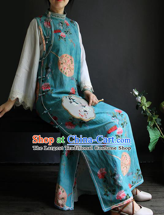 China Classical Printing Flowers Blue Cheongsam National Women Clothing White Lace Sleeve Qipao Dress