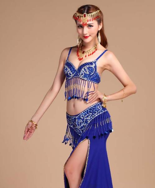 Asian India Oriental Dance Competition Clothing Indian Belly Dance Sequins Tassel Bra and Royalblue Skirt Uniforms