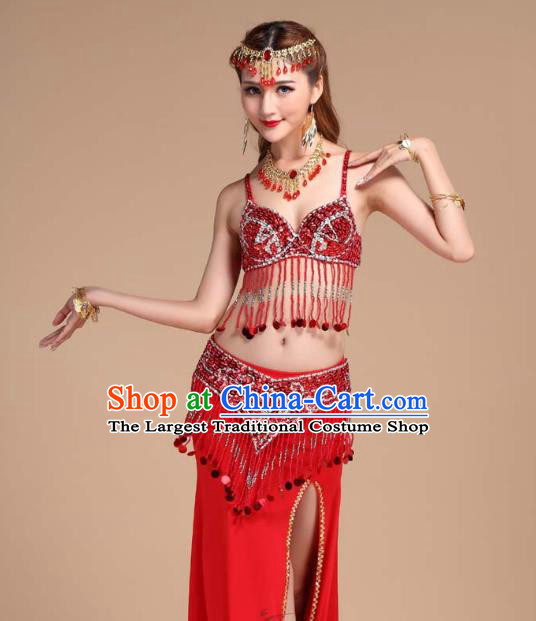 Indian Belly Dance Sequins Tassel Bra and Red Skirt Uniforms Asian India Raks Sharki Oriental Dance Clothing