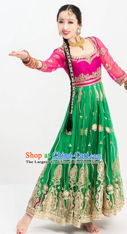 Indian Bollywood Dance Green Anarkali Dress Asian India Stage Performance Embroidered Costumes