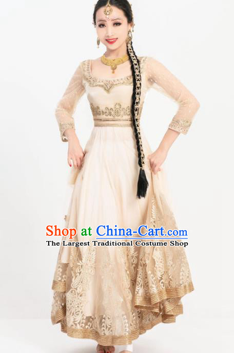 Indian Bollywood Performance Golden Anarkali Dress Asian India Court Princess Embroidered Costumes