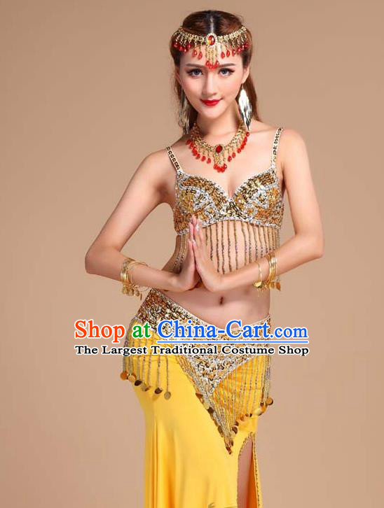 Asian India Oriental Dance Performance Clothing Indian Belly Dance Bra and Yellow Skirt Uniforms