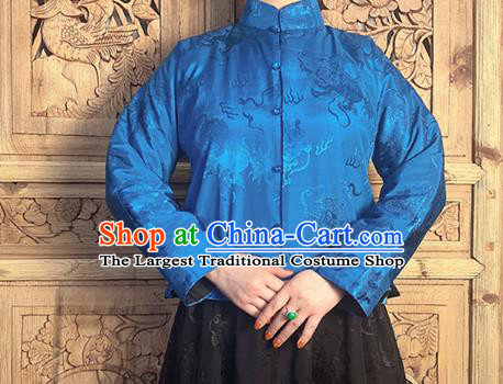 China National Cheongsam Shirt Upper Outer Garment Classical Lion Pattern Royalblue Silk Blouse