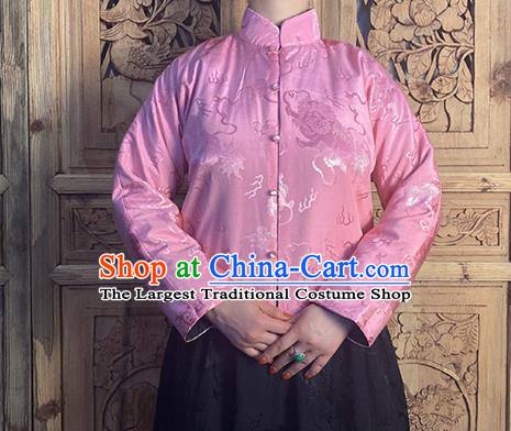 China Tang Suit Upper Outer Garment Classical Lion Pattern Pink Silk Blouse National Cheongsam Shirt