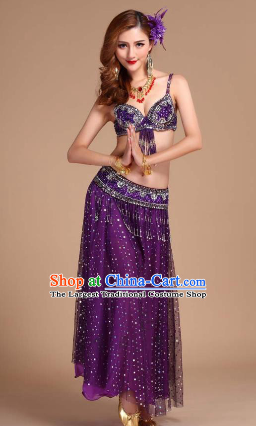 Asian Traditional Oriental Dance Purple Bra and Skirt Uniforms Indian Belly Dance Competition Clothing