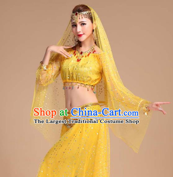 Asian India Folk Dance Clothing Indian Traditional Court Stage Performance Yellow Skirt Outfits