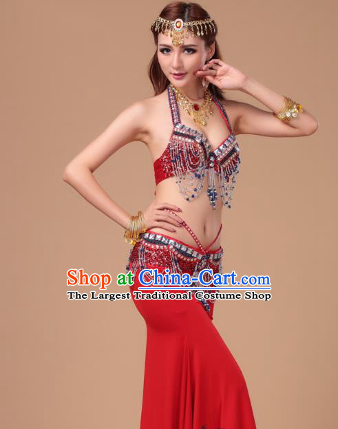 Top Traditional Oriental Dance Bra and Skirt Asian Indian Stage Performance Red Uniforms Belly Dance Clothing