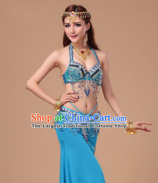 Top Belly Dance Clothing Asian Indian Oriental Dance Blue Uniforms Traditional Stage Performance Bra and Skirt