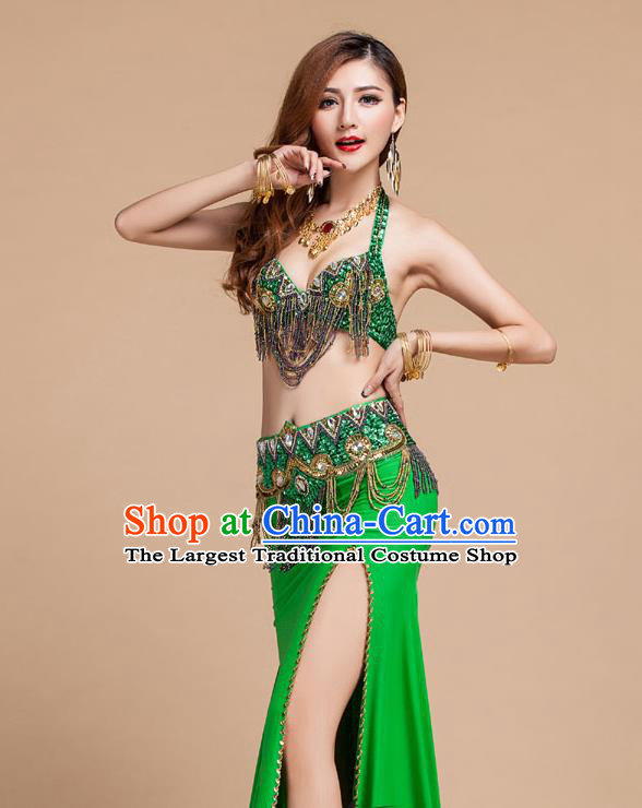 Top Traditional Raks Sharki Bra and Skirt Belly Dance Stage Performance Clothing Asian Indian Oriental Dance Green Uniforms