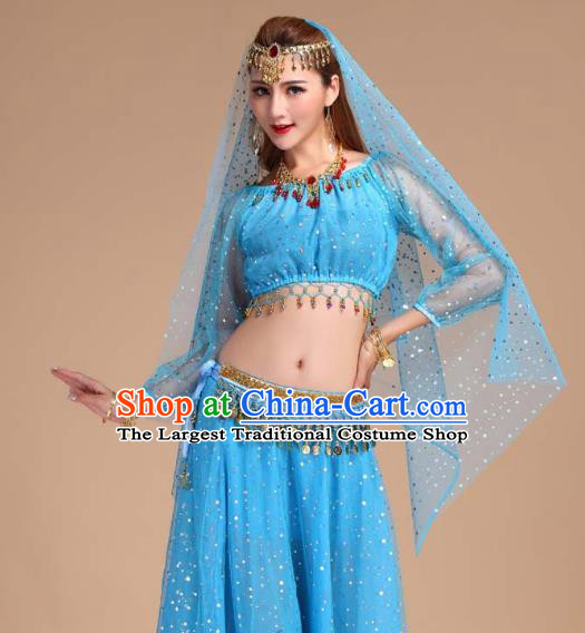 Indian Belly Dance Blue Skirt Outfits Asian Traditional Court Stage Performance Dress India Folk Dance Clothing