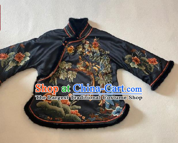 Chinese Classical Embroidered Lotus Jacket Winter Costume National Black Silk Cotton Wadded Coat