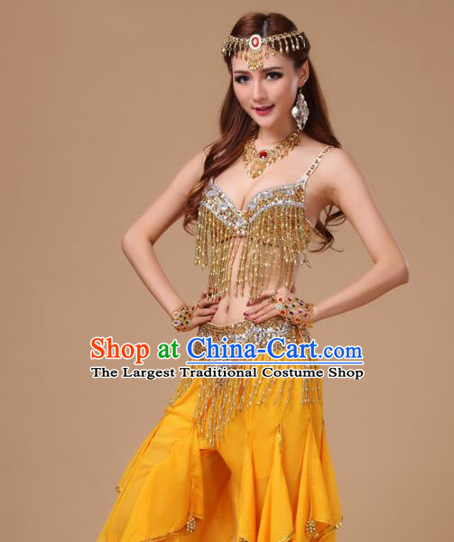 Asian Indian Belly Dance Training Yellow Uniforms Traditional Oriental Beauty Dance Bra and Pants Costumes