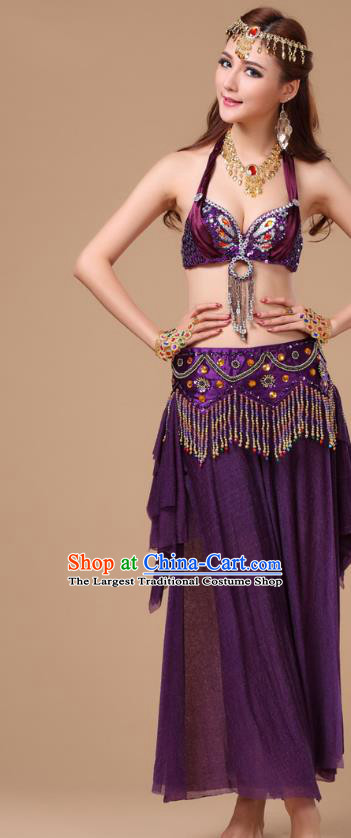 Indian Stage Performance Costumes Asian Belly Dance Purple Uniforms Traditional Oriental Beauty Dance Bra and Skirt