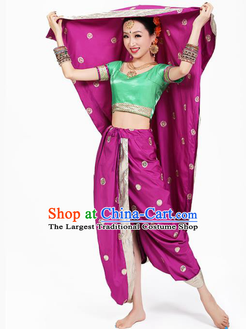 Top Indian Folk Dance Stage Performance Costume Oriental Dance Green Blouse and Purple Pants