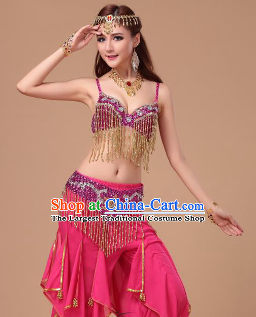 Top Indian Belly Dance Training Rosy Uniforms Asian Oriental Dance Bra and Pants Clothing