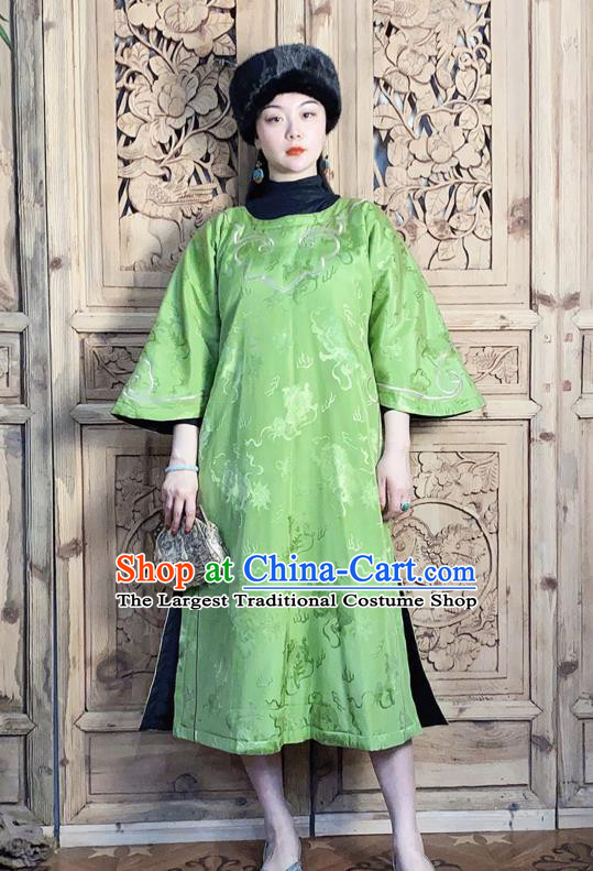 China National Women Clothing Classical Wide Sleeve Cheongsam Traditional Embroidered Green Silk Qipao Dress