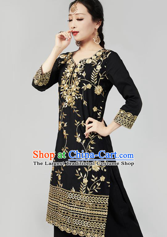 Asian Indian Black Blouse and Loose Pants India Traditional Embroidered Punjab Clothing Female Dance Costumes