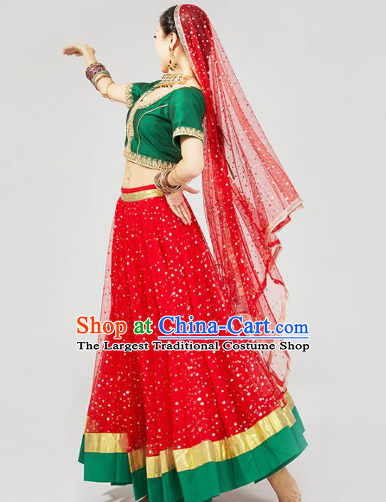 Asian Indian Traditional Court Princess Dress India Bollywood Dance Performance Clothing Green Top and Red Skirt