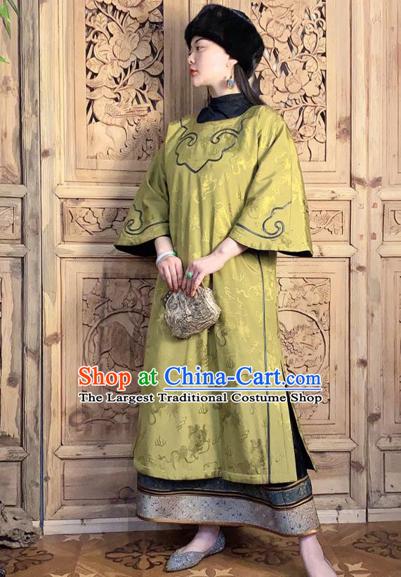 China Classical Cheongsam Traditional Wide Sleeve Light Green Silk Qipao Dress National Women Embroidered Clothing