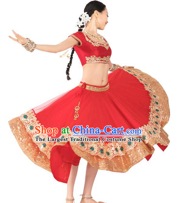 India Bollywood Dance Performance Clothing Asian Indian Traditional Court Princess Embroidered Lehenga Red Dress