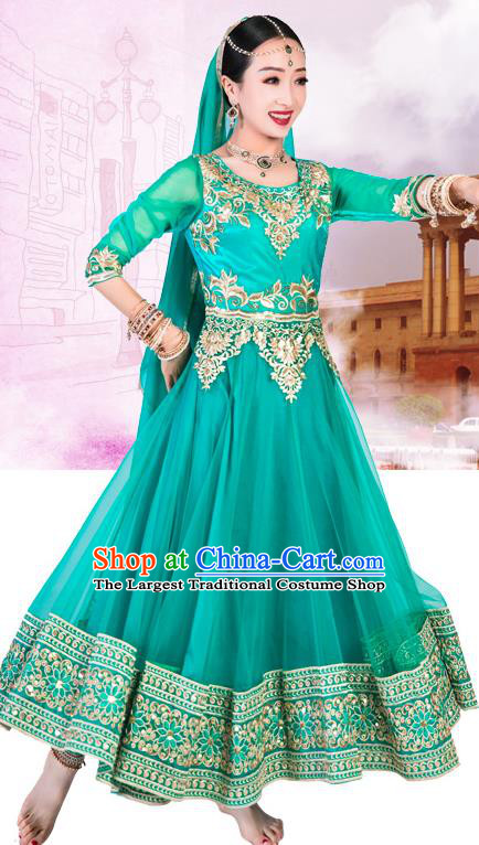 Indian Traditional Dance Embroidered Green Anarkali Dress Asian India Bollywood Stage Performance Clothing