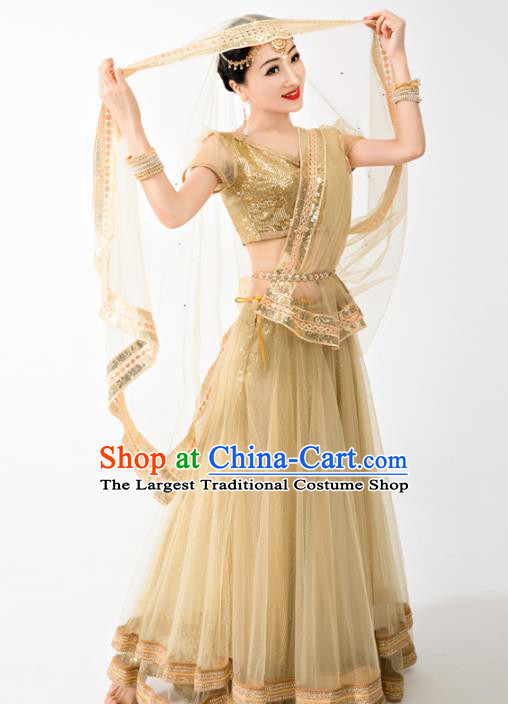 Asian India Bollywood Princess Clothing Traditional Lehenga Clothing Indian Golden Top and Veil Skirt