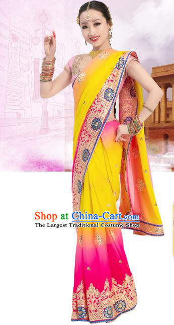 Asian India Traditional Folk Dance Clothing Indian Stage Performance Pink Blouse and Sari Dress