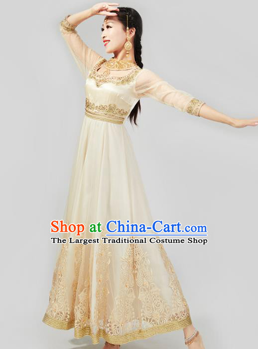 Asian India Traditional Embroidered Champagne Anarkali Dress Clothing Indian Court Beauty Costumes